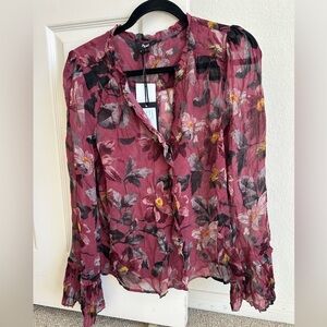 PAIGE 100% Silk Floral Sheer Burgundy Blouse S